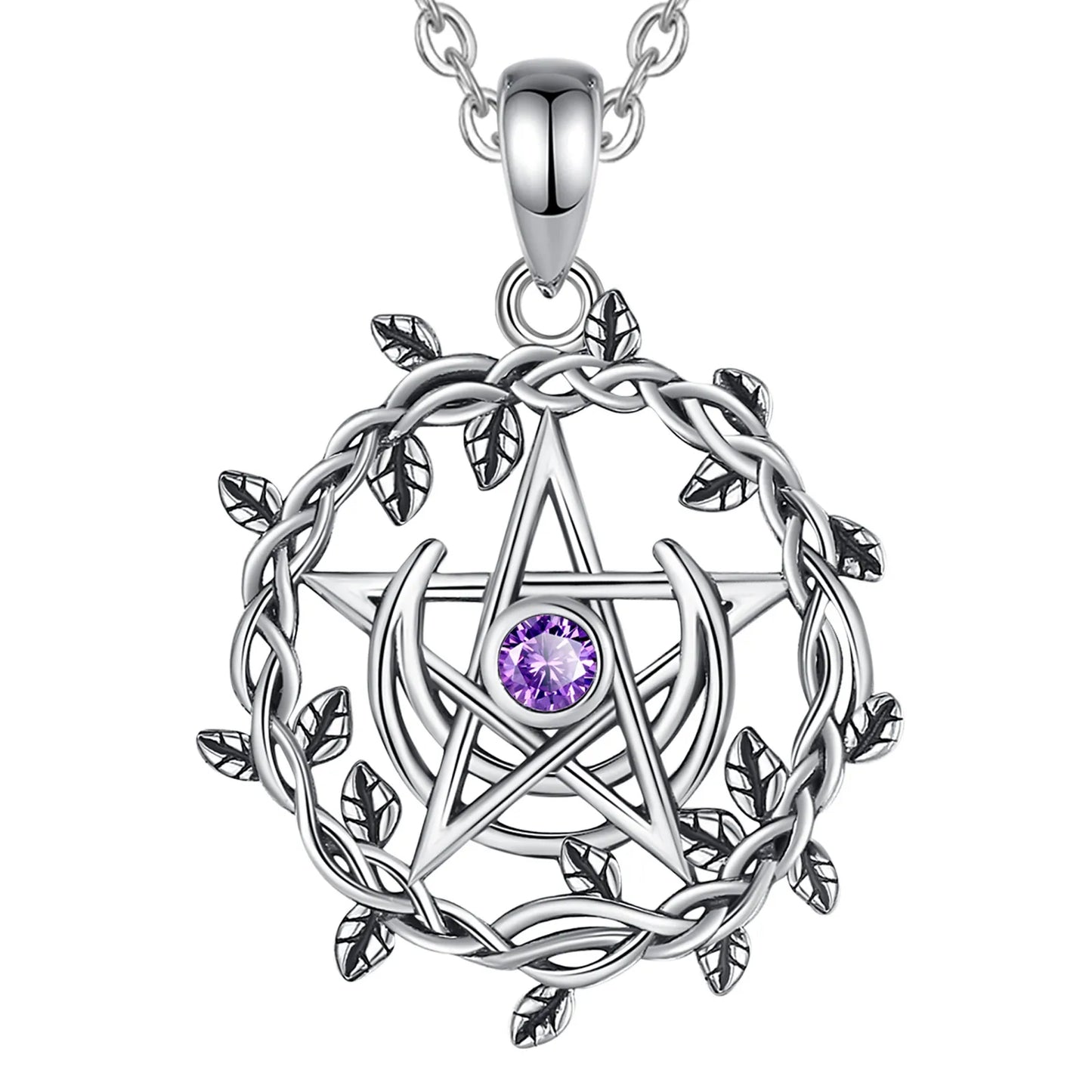 925 Sterling Silver Pentagram, Moon, Olive Leaf & “Amethyst” Necklace