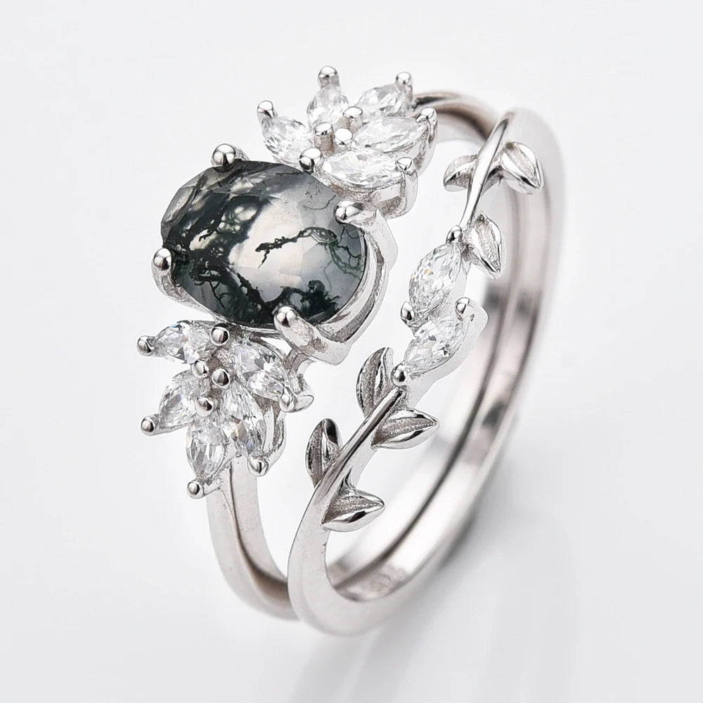 925 Sterling Silver Moss Agate Engagement and Wedding Ring Set B - Rhodium or 18k Gold Plated