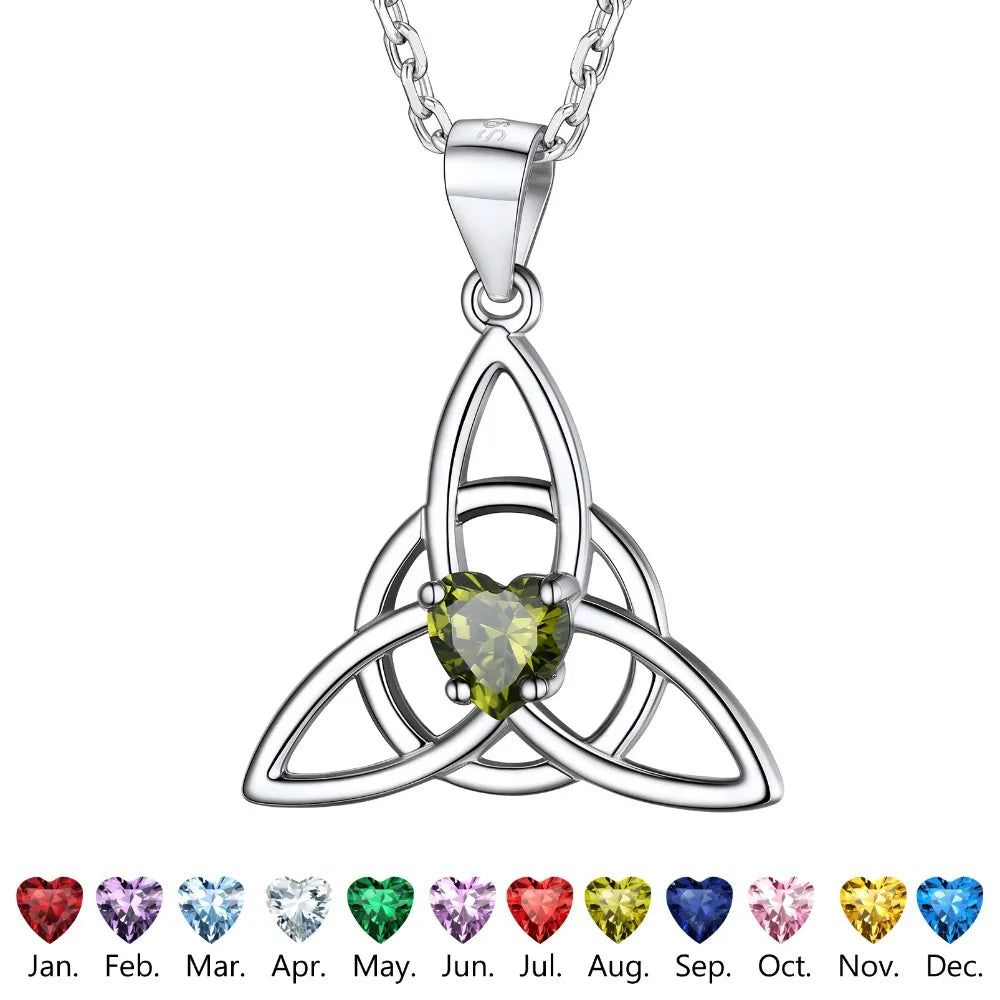 925 Sterling Silver Celtic Knot Birthstone Triquetra Necklace