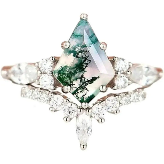 Moss Agate Engagement and Wedding Ring Set A - 925 Sterling with plating