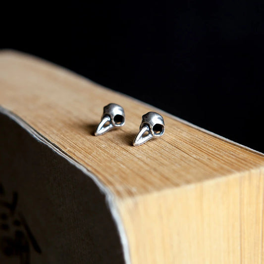925 Sterling Silver Crow Skull Stud Earrings - non-plated