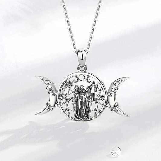 925 Sterling Silver Triple Moon Goddess and Goddesses Necklace