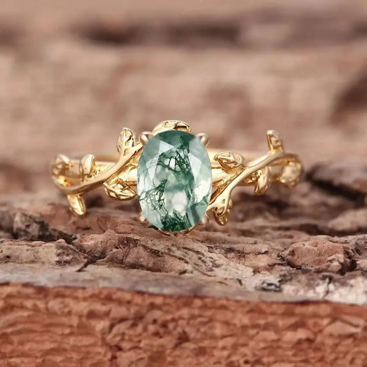 925 Sterling Silver Moss Agate Engagement Ring - Rhodium or 18k Gold Plated