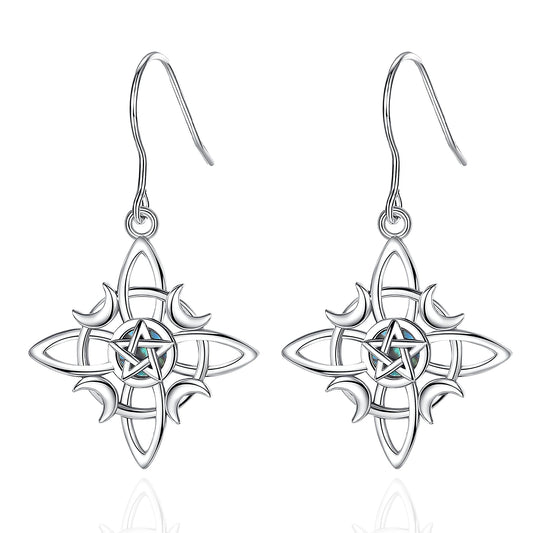 925 Sterling Silver Witch Knot Pentagram Drop Earrings With Mother of Pearl