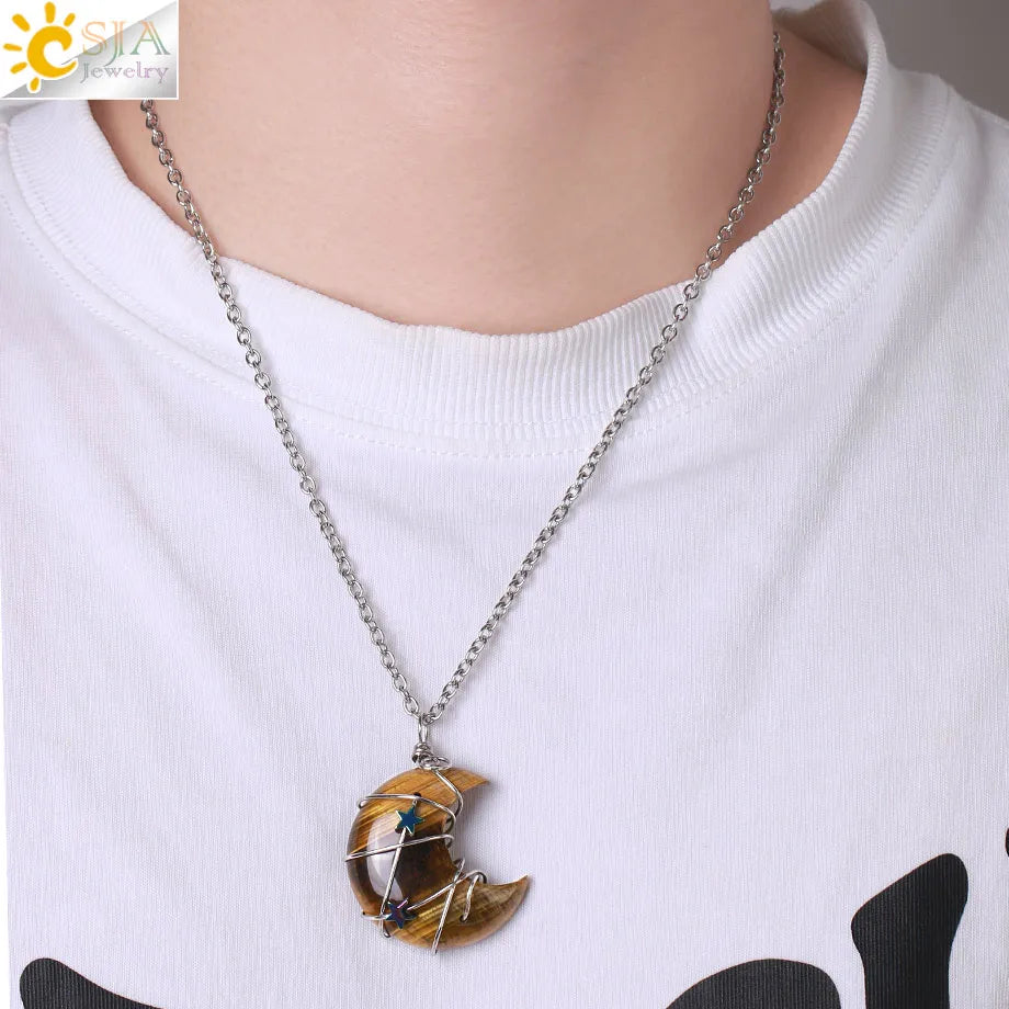 Wrapped Crystal Moon Necklace with Chain