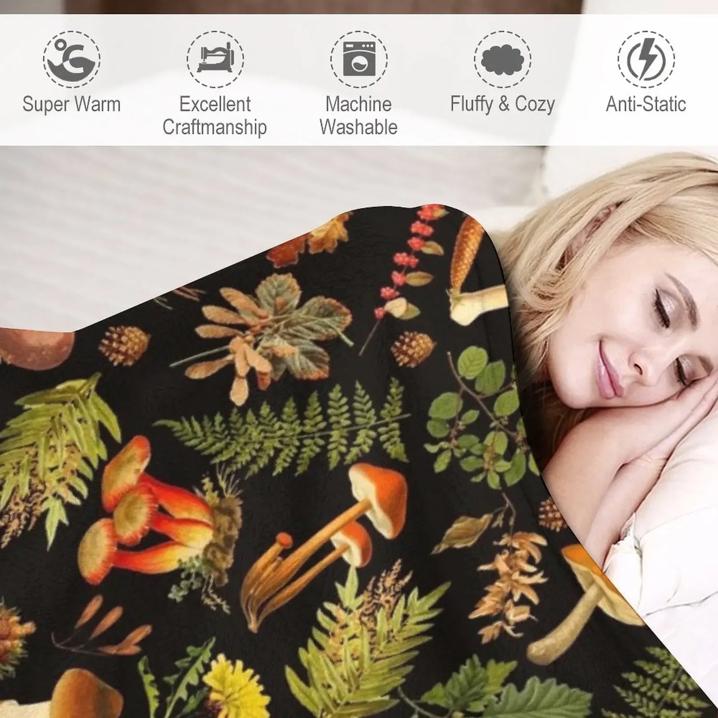 Forest Mushroom Fleece Blanket Throw