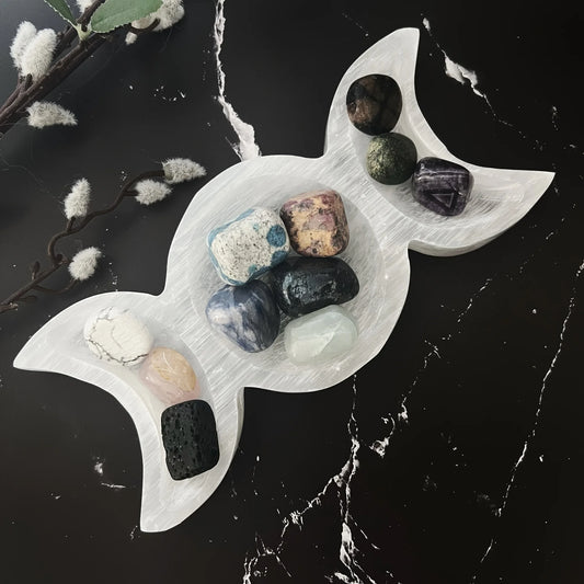 Triple Moon Selenite Crystal Charging Plate