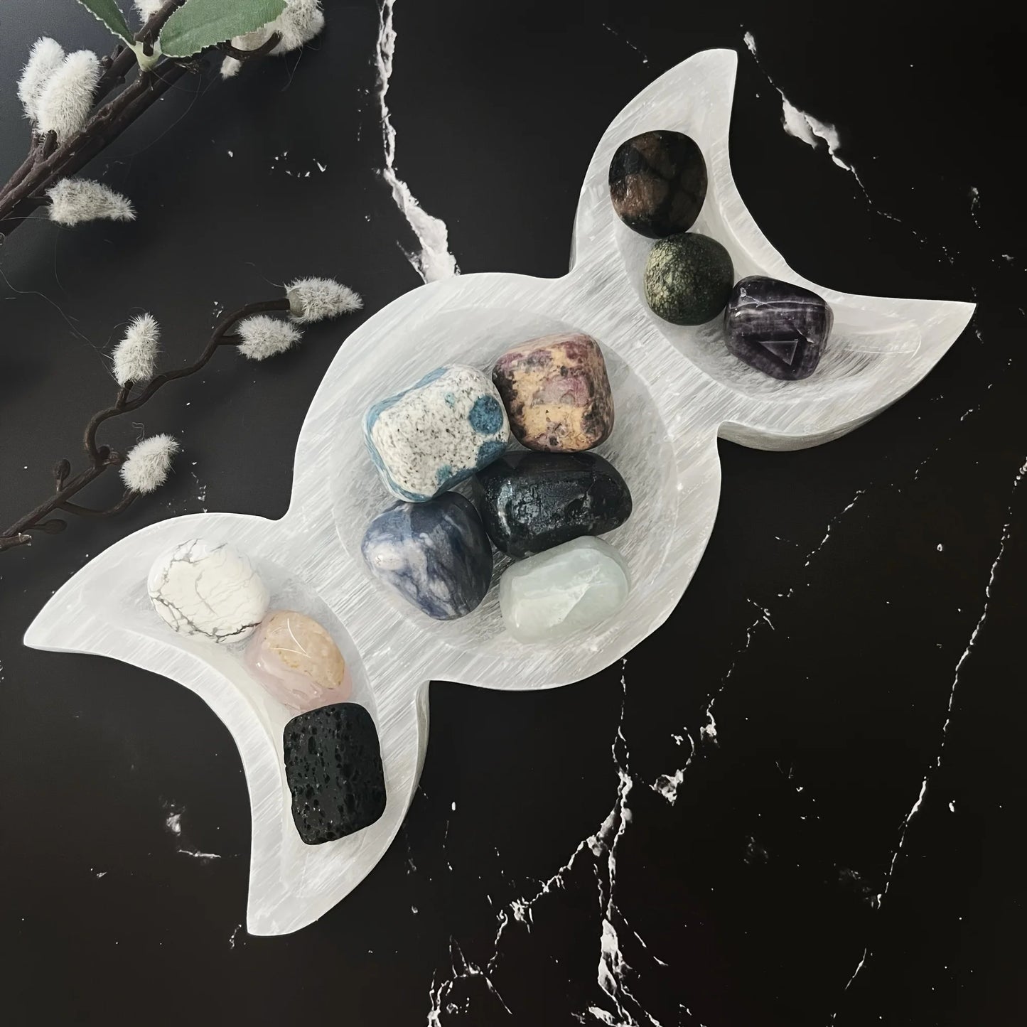 Triple Moon Selenite Crystal Charging Plate