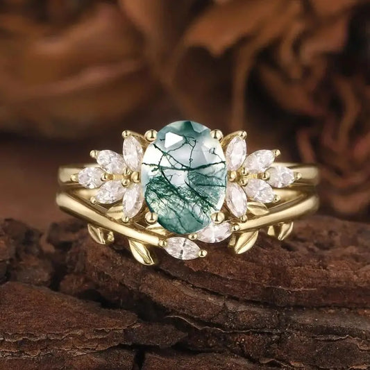 925 Sterling Silver Moss Agate Engagement and Wedding Ring Set B - Rhodium or 18k Gold Plated