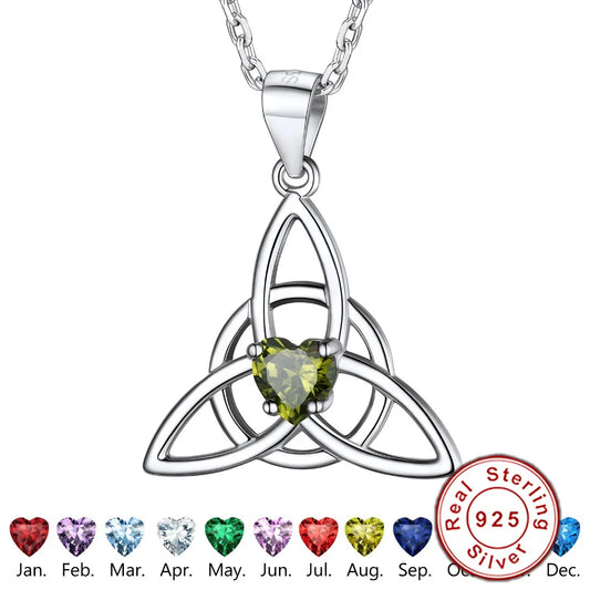 925 Sterling Silver Celtic Knot Birthstone Triquetra Necklace