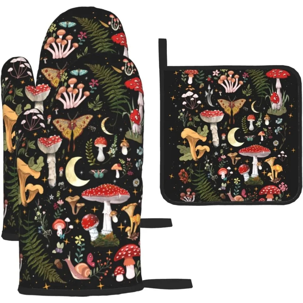 Forest Mushroom Oven Mitts and Pot Holder - 3Pc Set