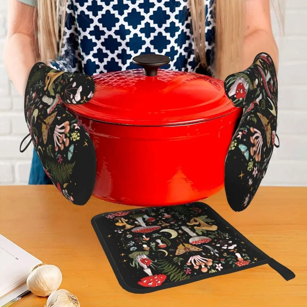 Forest Mushroom Oven Mitts and Pot Holder - 3Pc Set