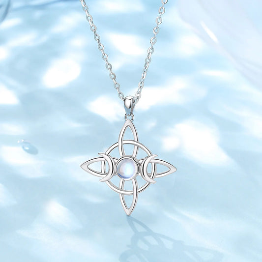925 Sterling Silver and Moonstone Triple Moon Witch's Knot Necklace