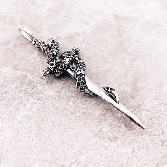 925 Sterling Silver and Black Zircon Stoned Snake & Sword Pendant Charm