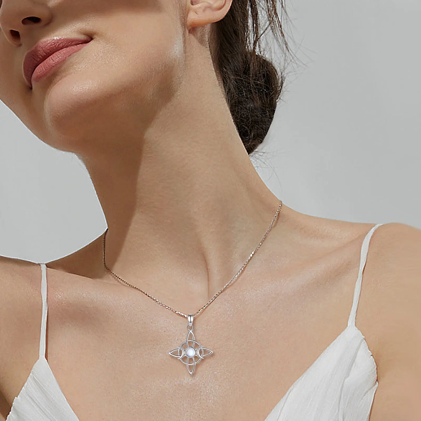 925 Sterling Silver and Moonstone Triple Moon Witch's Knot Necklace