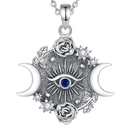925 Sterling Silver Triple Moon & Evil Eye Necklace