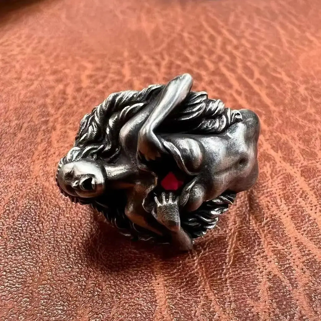 925 Sterling Silver and Red Zircon Exposed Heart Goddess Ring - non-plated