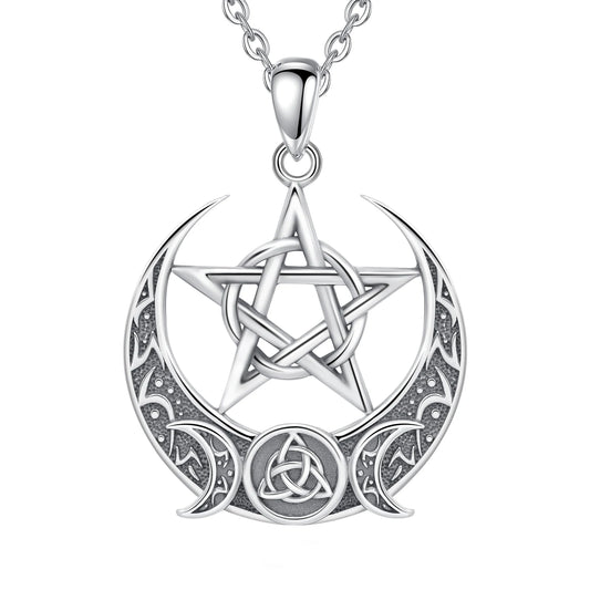 925 Sterling Silver Pentagrm, Triple moon & Triquetra Necklace
