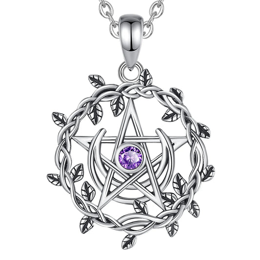 925 Sterling Silver Pentagram, Moon, Olive Leaf & “Amethyst” Necklace