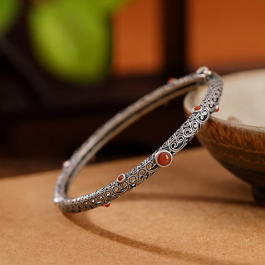 925 Silver Vintage Red Tourmaline Bangle Bracelet - non-plated